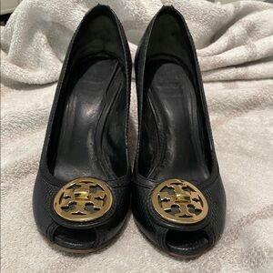 Tory Burch Black Wedge Heels with Gold Emblem